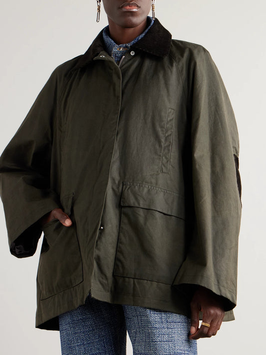 Image of Coats & Jackets. Product name - Oversized Corduroy-trimmed Waxed Organic Cotton Jacket in Green colour by brand - TOTEME