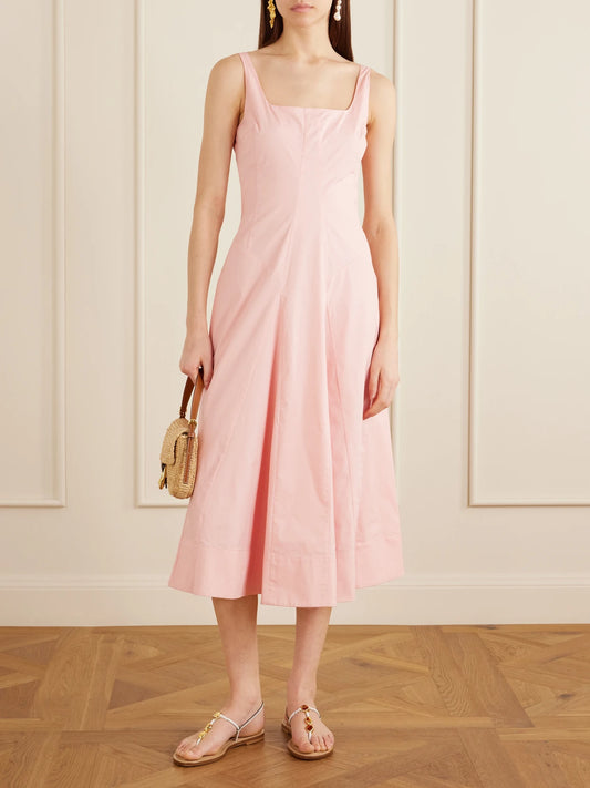 Image of Dresses. Product name - Willow Pleated Cotton-blend Midi Dress in Pink colour by brand - STAUD