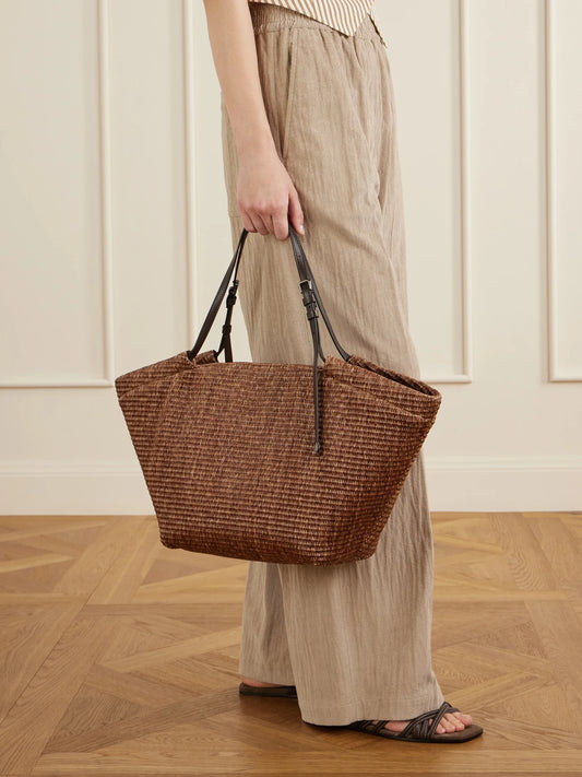 Image of Bags. Product name - Leather-trimmed Raffia Tote in Brown colour by brand - Brunello Cucinelli