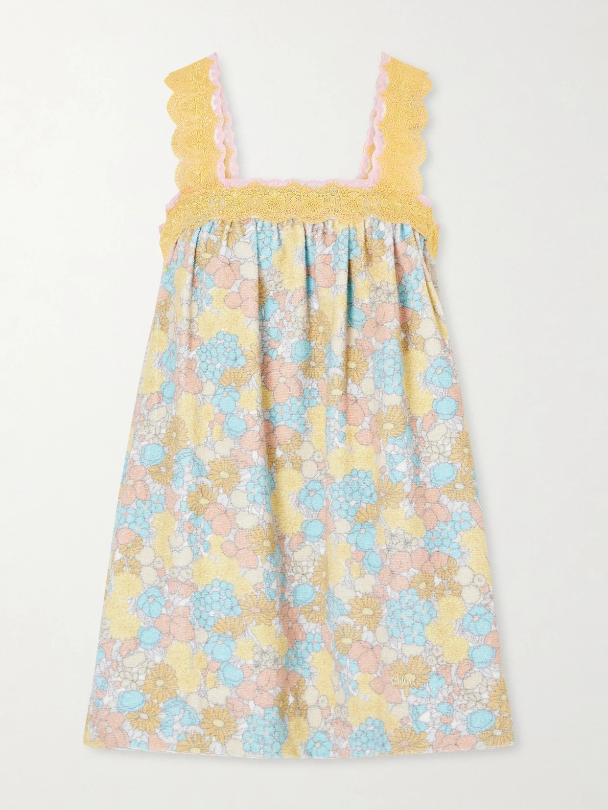 Pleated Lace-trimmed Floral-print Cotton-terry Mini Dress