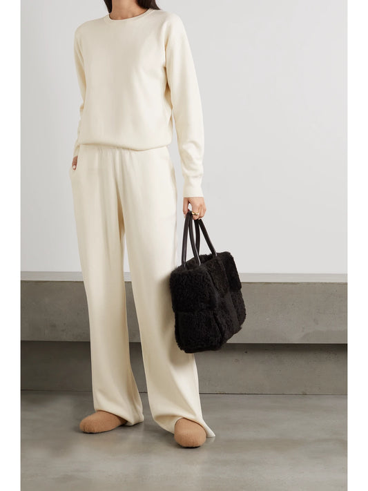 Image of Sleepwear & Loungewear. Product name - Carmel Silk And Cashmere-blend Sweatshirt And Track Pants Set in White colour by brand - Olivia von Halle