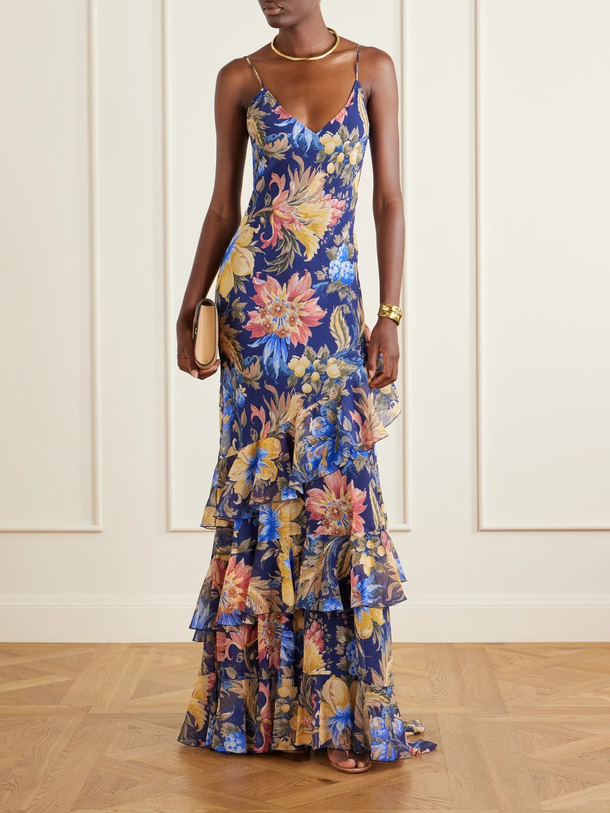 Image of Dresses. Product name - Floral-print Ruffled Crepon Maxi Dress in Navy colour by brand - Etro