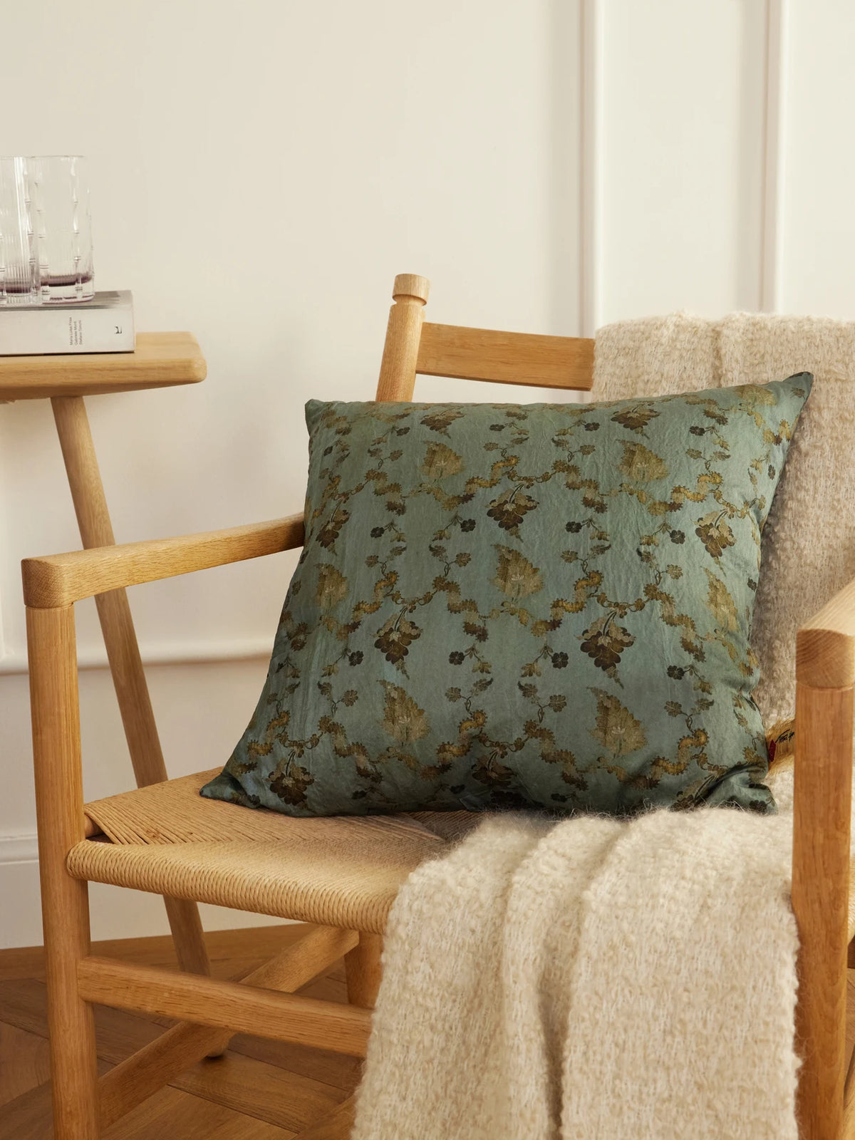 Image of Decor. Product name - Godolia Floral-print Metallic Woven Cushion in Light blue colour by brand - The House of Lyria