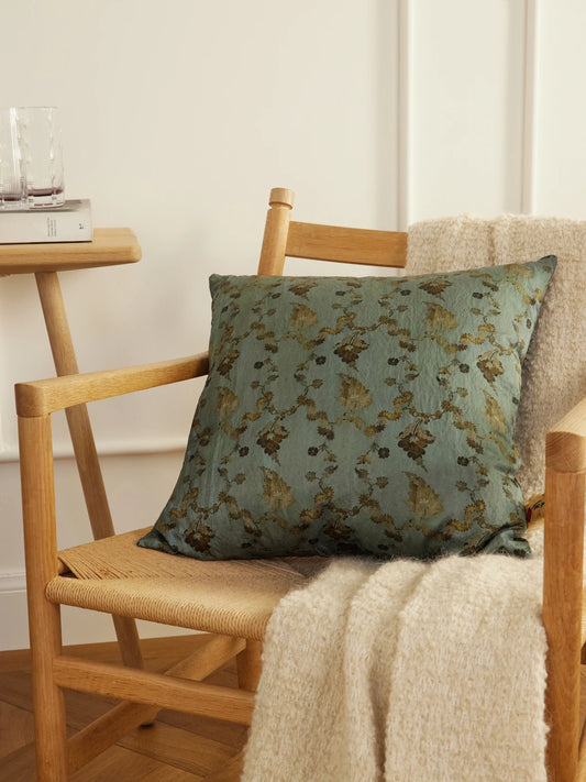 Image of Decor. Product name - Godolia Floral-print Metallic Woven Cushion in Light blue colour by brand - The House of Lyria