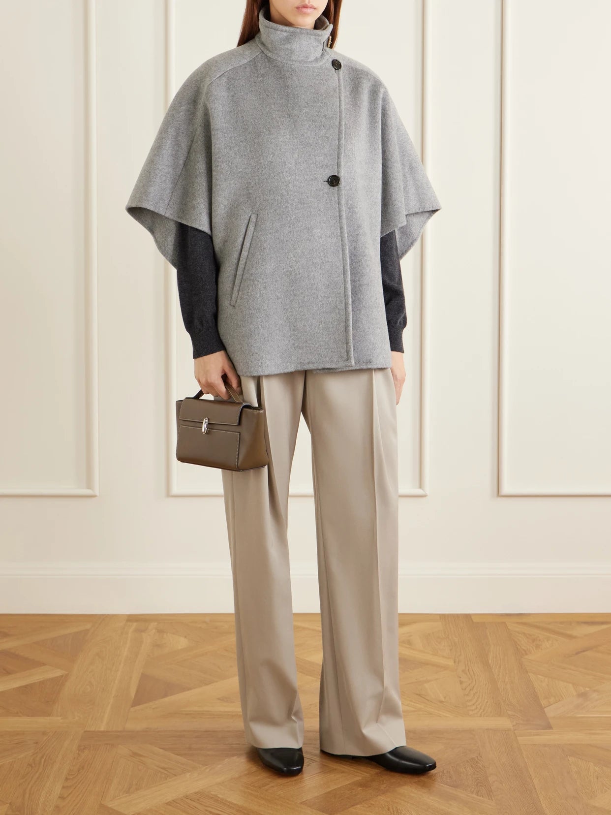 Image of Coats & Jackets. Product name - Buckled Leather-trimmed Cashmere Cape in Light gray colour by brand - Max Mara