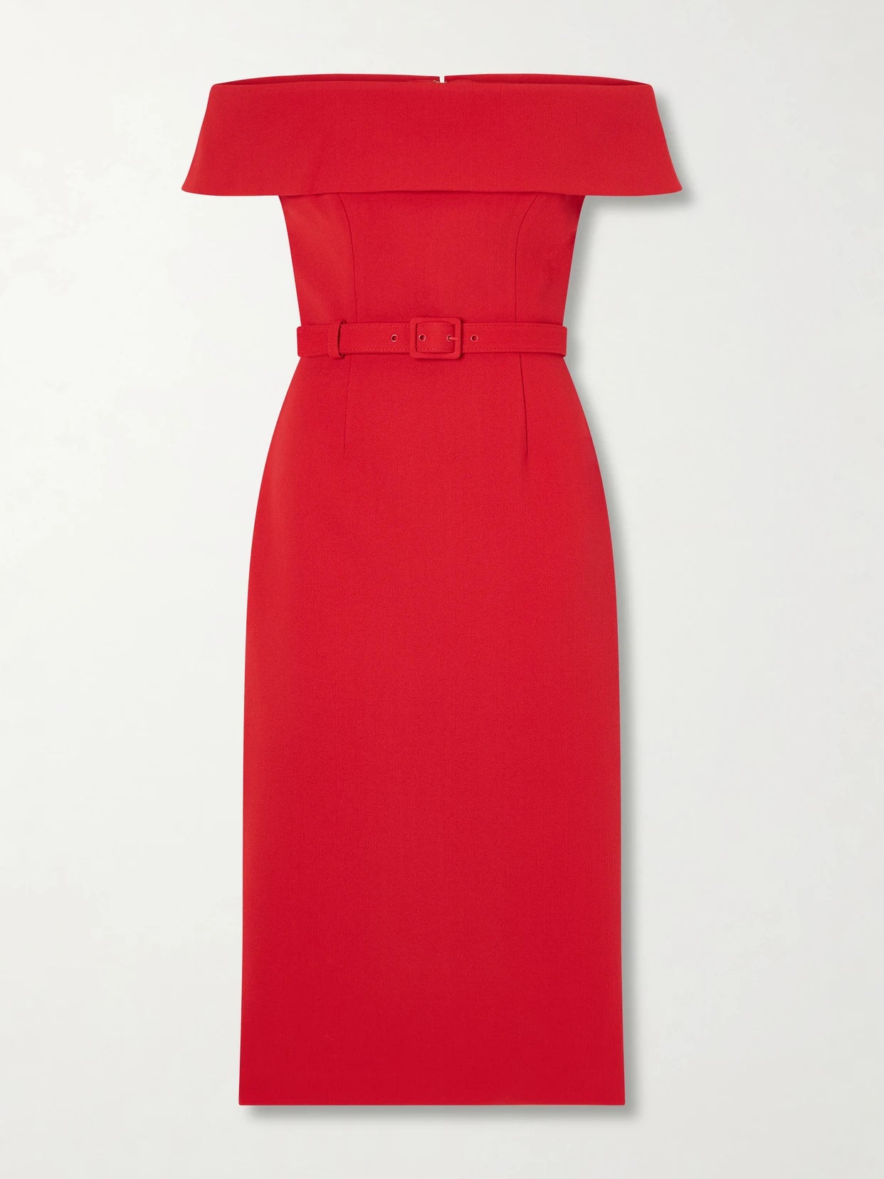 Image of Dresses. Product name - Precious Off-the-shoulder Belted Crepe Midi Dress in Red colour by brand - Rebecca Vallance