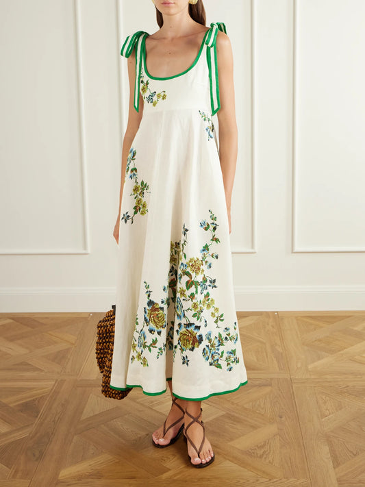 Image of Dresses. Product name - Phyllis Ballet Floral-print Linen Midi Dress in Cream colour by brand - ALÉMAIS