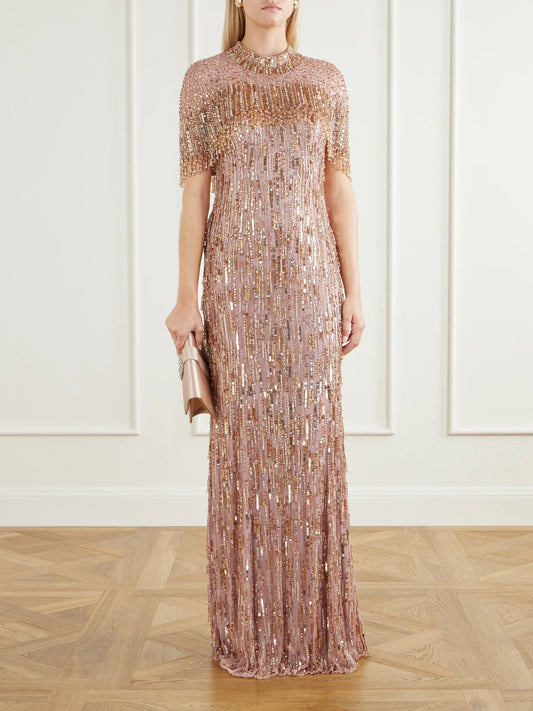 Image of Dresses. Product name - Leia Cape-detailed Sequin-embellished Gown in Pink colour by brand - Jenny Packham