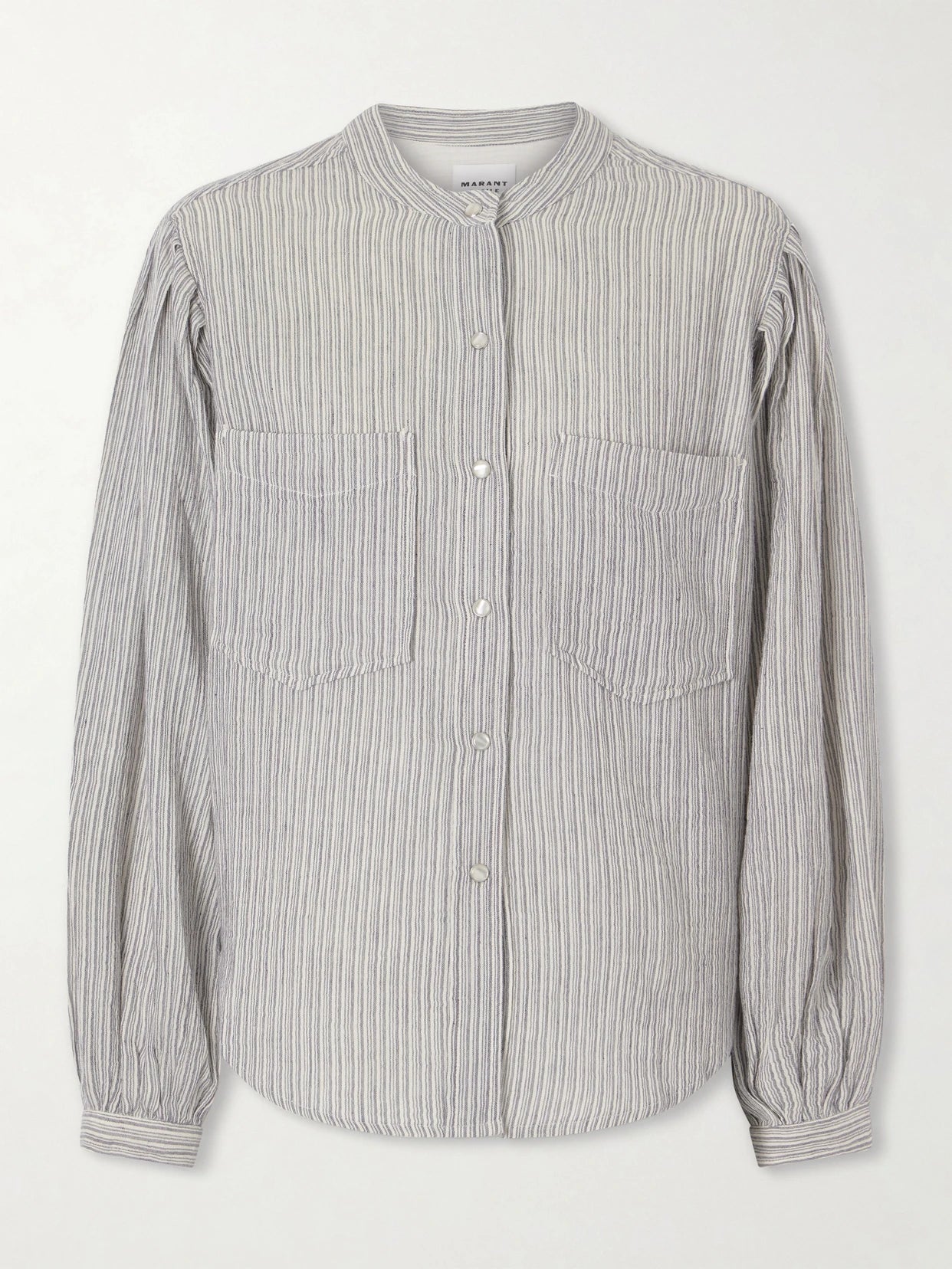 Image of a model wearing Tops. Product name - Selvia Striped Cotton Shirt in Blue colour by brand - MARANT ÉTOILE