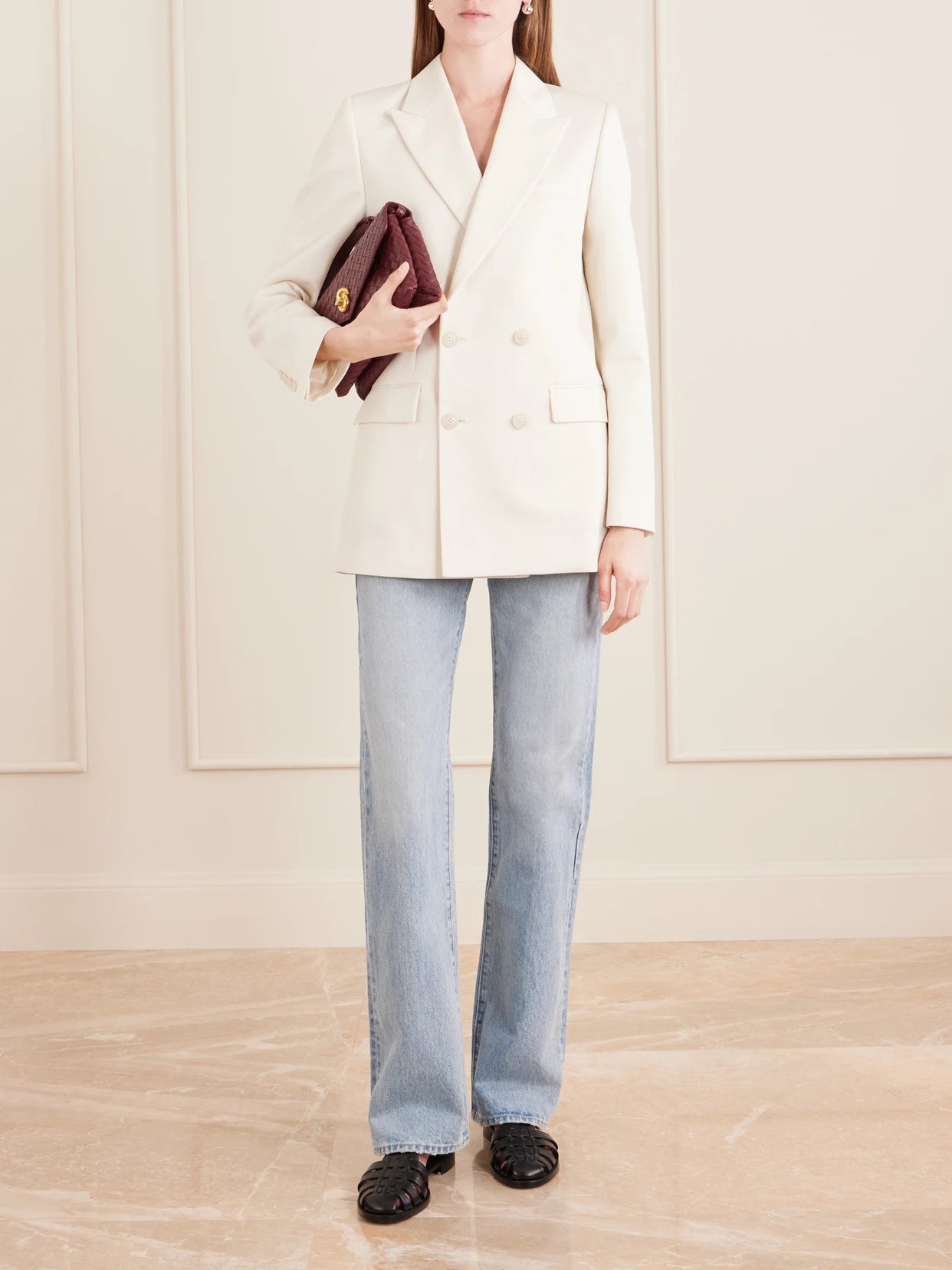 Image of Coats & Jackets. Product name - Weston Double-breasted Wool-gabardine Blazer in Off-white colour by brand - Nili Lotan