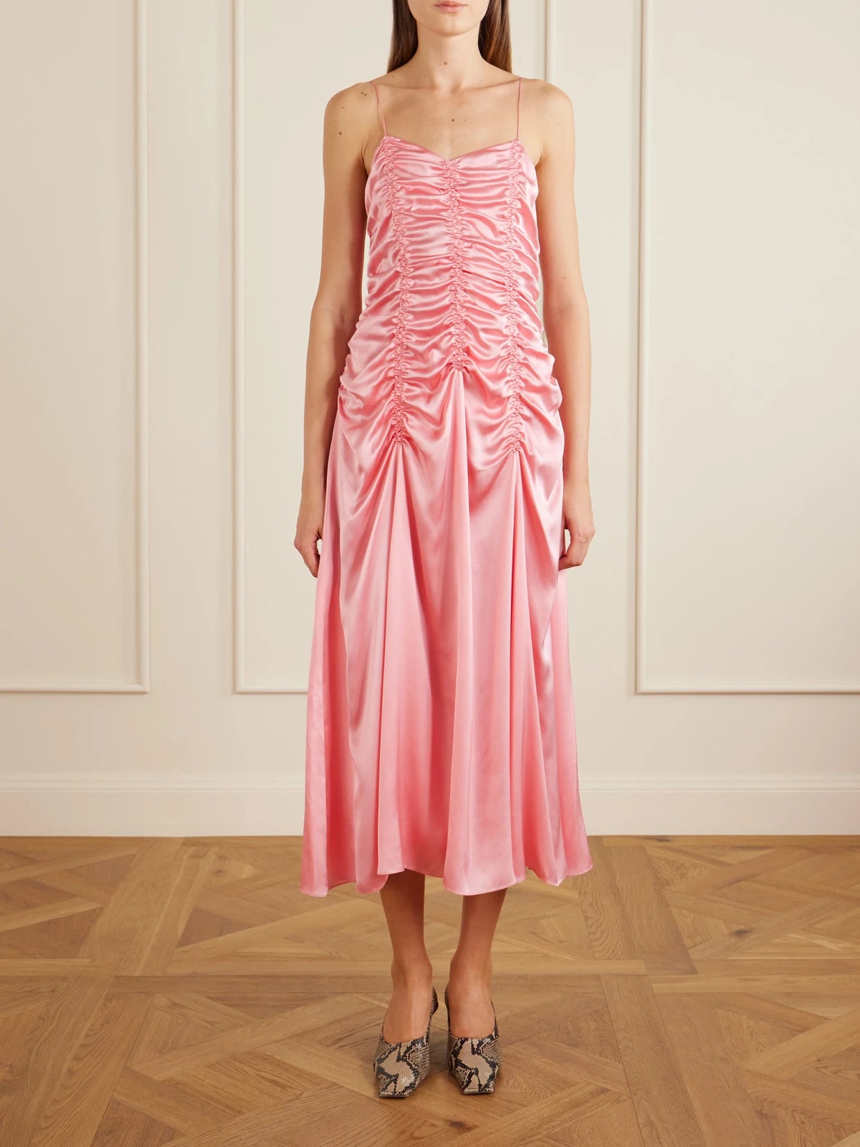 Image of Dresses. Product name - Raina Ruched Silk Midi Dress in Pink colour by brand - KHAITE