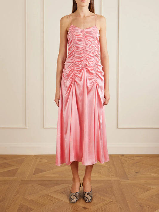 Image of Dresses. Product name - Raina Ruched Silk Midi Dress in Pink colour by brand - KHAITE