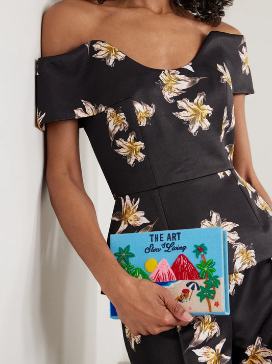 Image of Bags. Product name - + Mlle Mouns The Art Of Slow Living Embroidered Appliquéd Canvas Clutch in Blue colour by brand - Olympia Le-Tan
