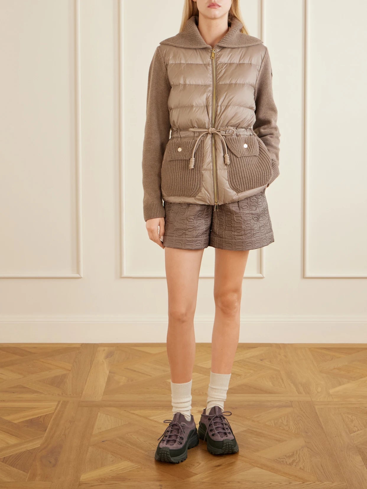 Image of a model wearing Outerwear. Product name - Wool And Cashmere-blend And Quilted Shell Down Cardigan in Light brown colour by brand - Moncler