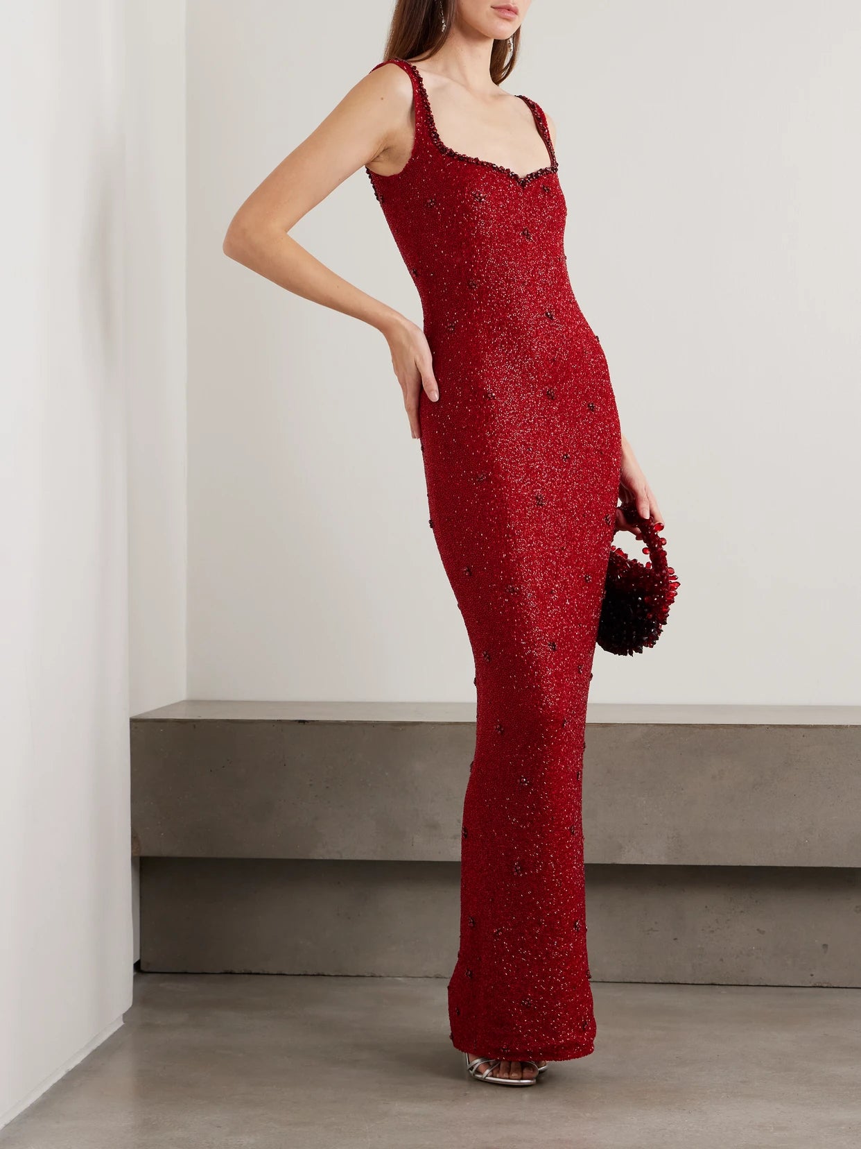 Image of Dresses. Product name - Sophia Embellished Stretch-mesh Gown in Red colour by brand - Clio Peppiatt