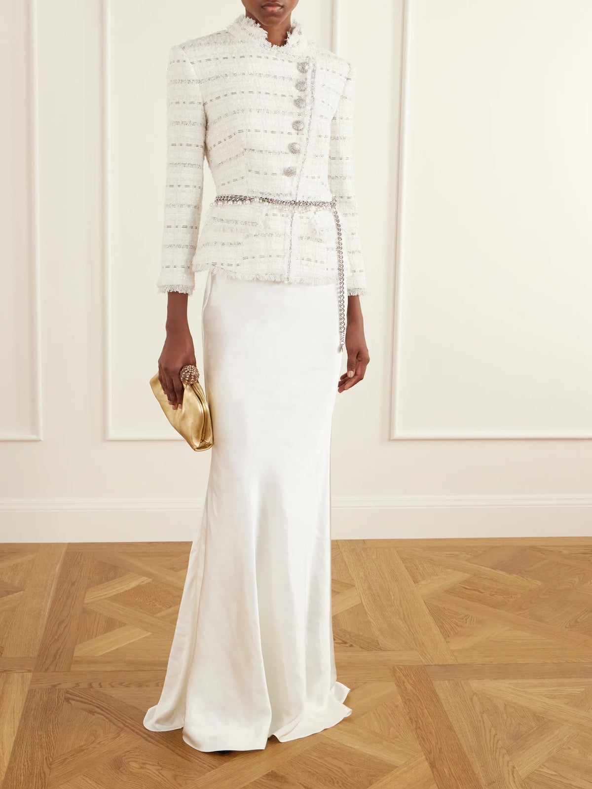 Image of Dresses. Product name - Belted Satin And Bouclé Maxi Dress in White colour by brand - Self-Portrait