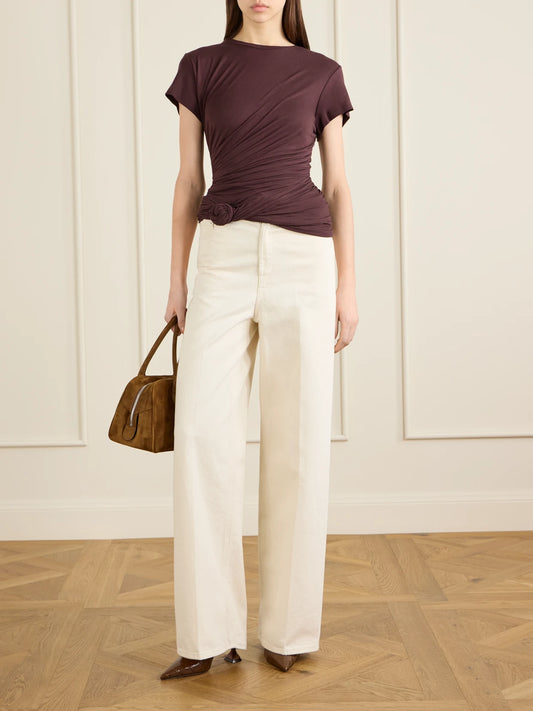 Image of a model wearing Tops. Product name - Gathered Cotton-blend T-shirt in Brown colour by brand - Magda Butrym