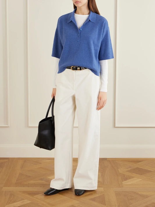 Image of a model wearing Outerwear. Product name - Ss Polo Cashmere-knitted Polo Shirt in Navy colour by brand - TWP