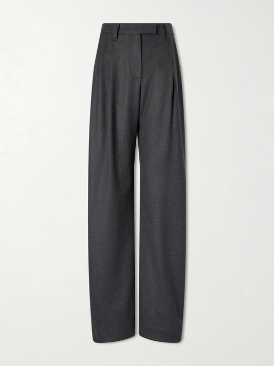 Image of a model wearing Pants. Product name - Wool Wide-leg Pants in Dark gray colour by brand - Brunello Cucinelli