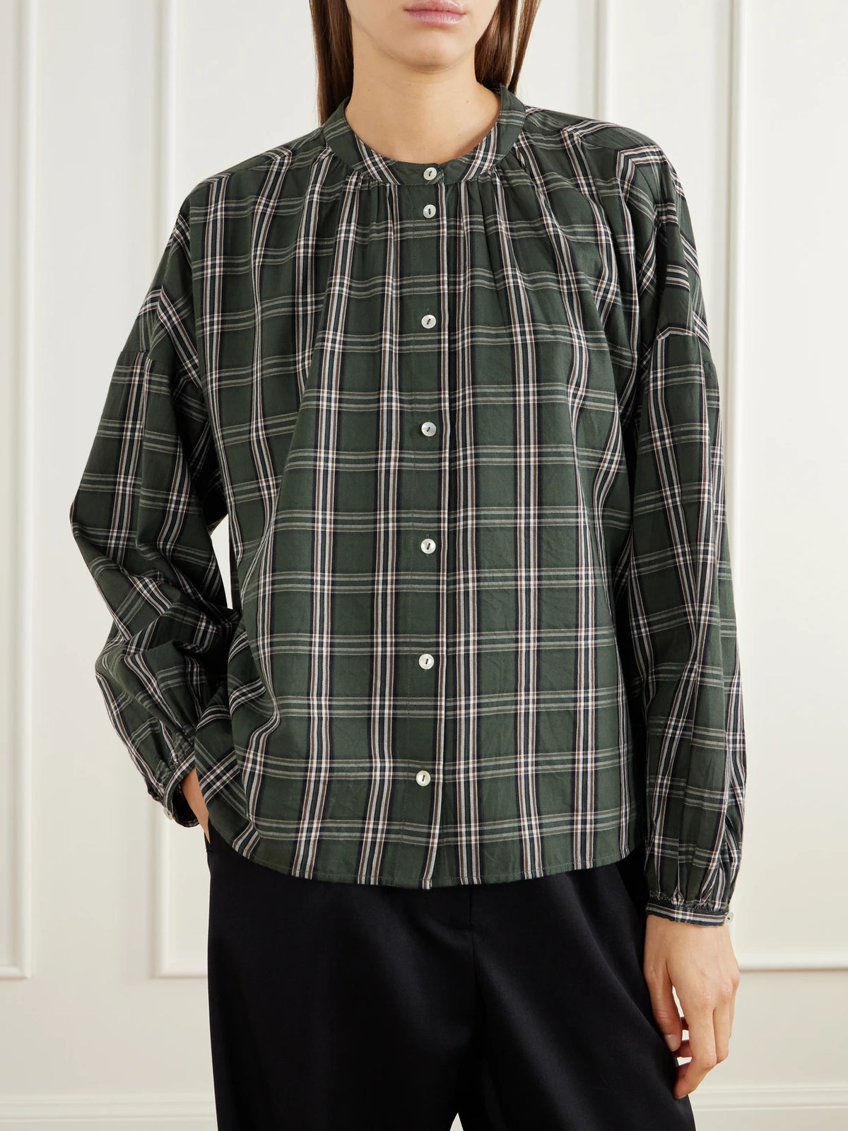 SKALL Cilla Gathered Checked Organic Cotton-poplin Blouse