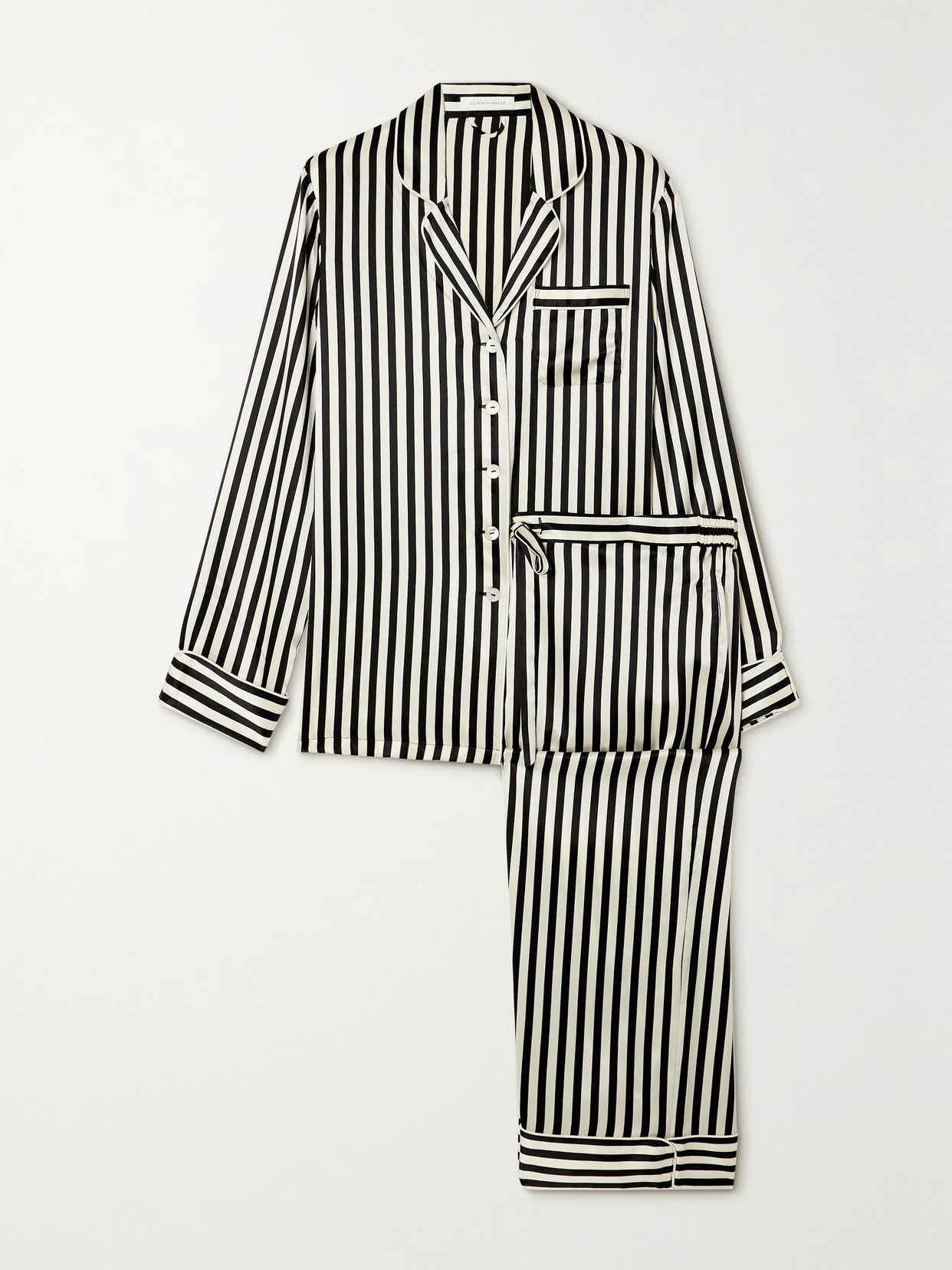 Image of Sleepwear & Loungewear. Product name - Lila Striped Silk-satin Pajama Set in Black colour by brand - Olivia von Halle