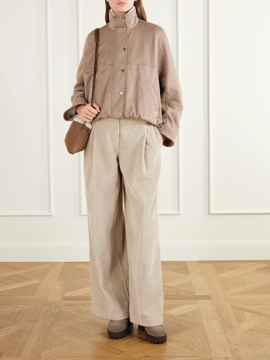 Image of Coats & Jackets. Product name - Paneled Gathered Cotton-blend Twill Jacket in Light brown colour by brand - Brunello Cucinelli