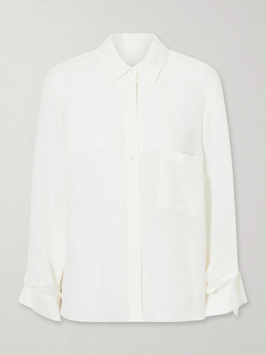 Image of a model wearing Tops. Product name - Next Morning Linen And Silk-blend Shirt in Ivory colour by brand - TWP