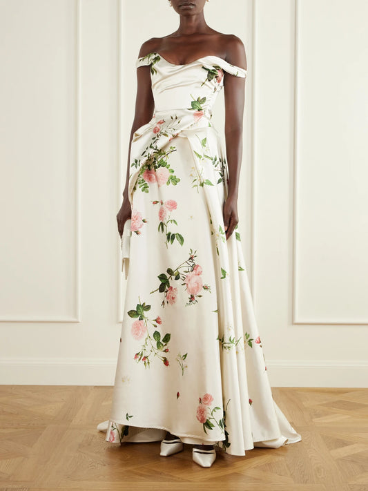 Image of Dresses. Product name - Tabitha Bustier Draped Floral-print Satin Gown in White colour by brand - Vivienne Westwood