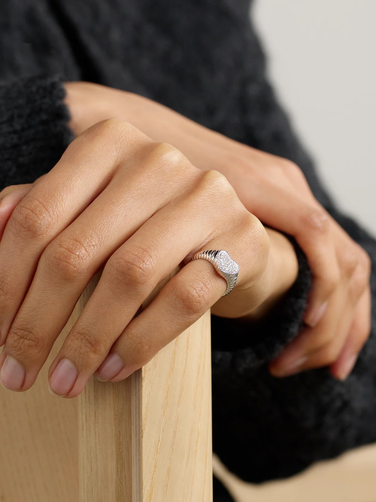 Image of Rings. Product name - Baby Chevalière Coeur Berlingot 9-karat White Gold Diamond Signet Ring in Silver colour by brand - Yvonne Léon