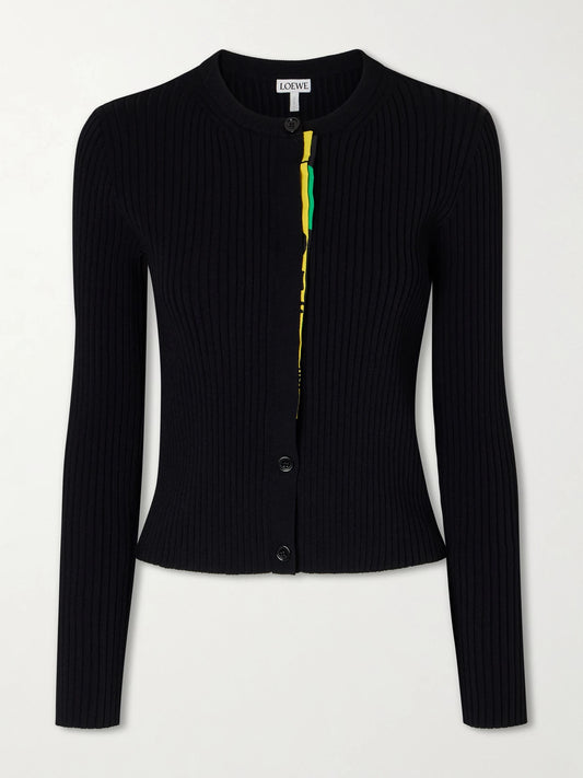 Satin-trimmed Ribbed-knit Cardigan