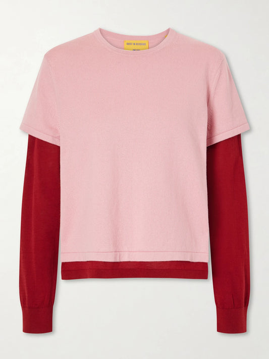 Image of a model wearing Outerwear. Product name - Layer Cotton, Cashmere And Silk-blend Shirt in Pink colour by brand - Guest In Residence