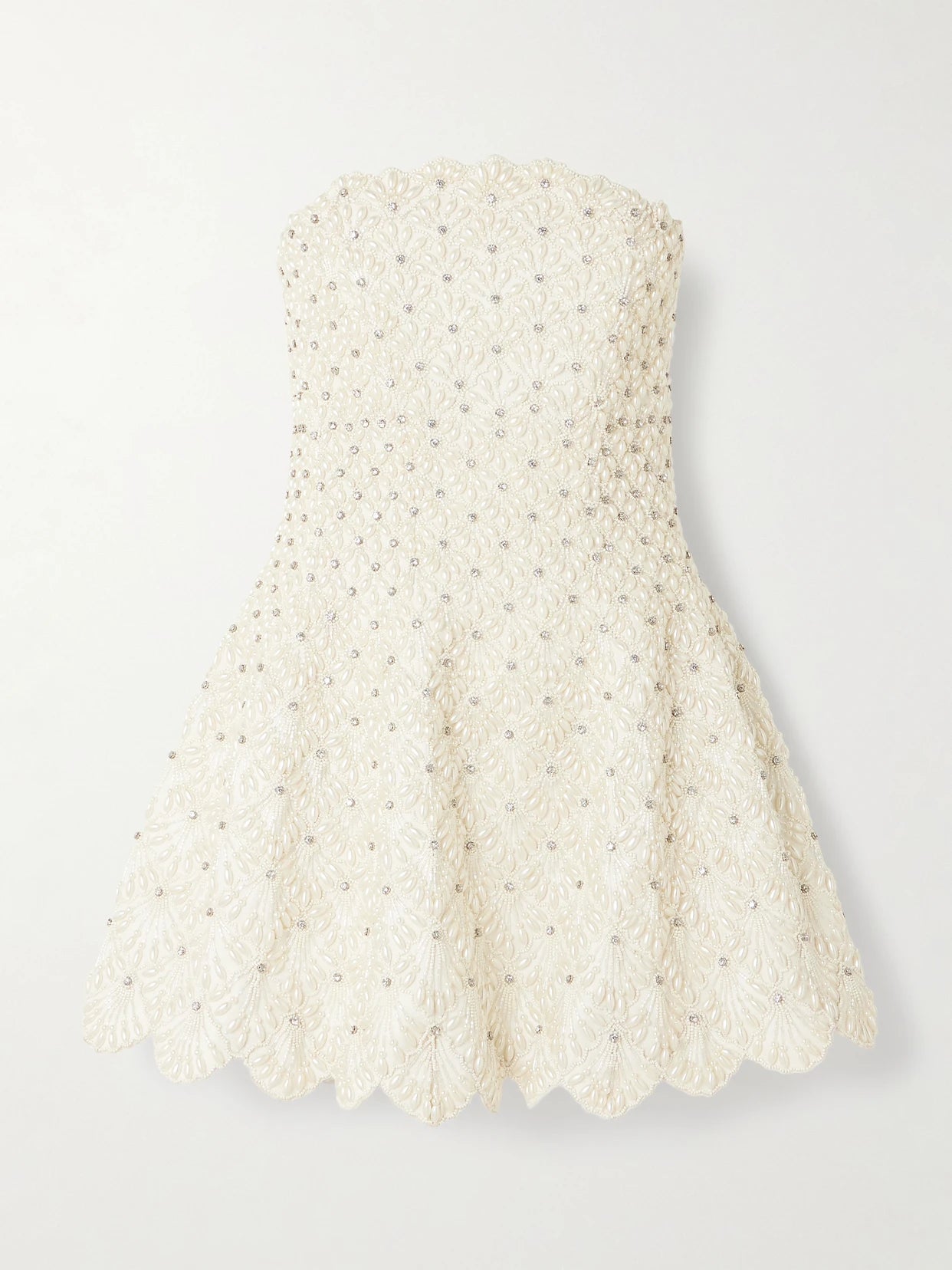 Image of Dresses. Product name - Scallop Strapless Embellished Taffeta Mini Dress in Ivory colour by brand - Clio Peppiatt