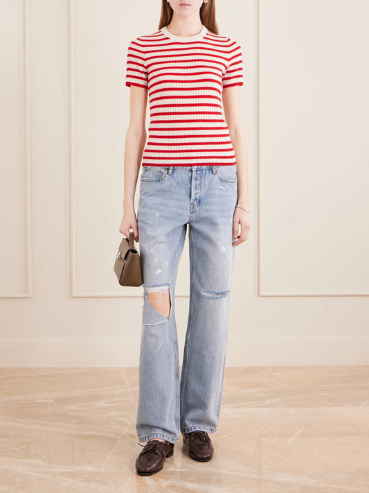 Image of a model wearing Tops. Product name - Alita Striped Cashmere T-shirt in Red colour by brand - Nili Lotan