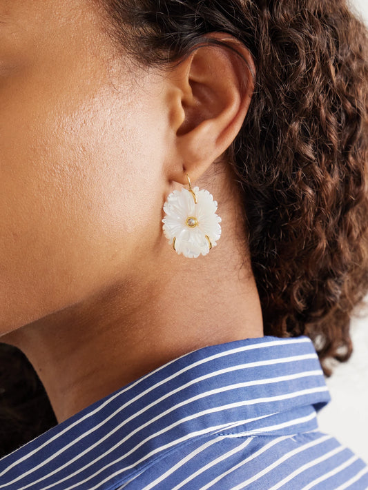 Image of Earrings. Product name - New Bloom Gold-plated, Mother-of-pearl And Topaz Earrings in White colour by brand - Lizzie Fortunato