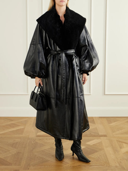 Image of Coats & Jackets. Product name - Belted Plush-trimmed Leather Coat in Black colour by brand - Magda Butrym
