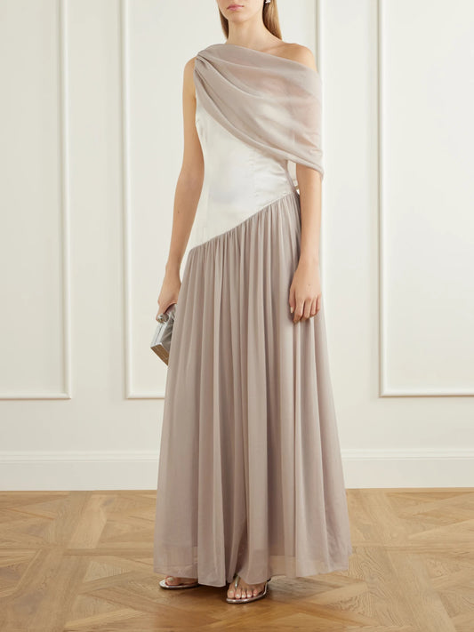 Image of Dresses. Product name - Gwyneth Asymmetric Draped Satin-trimmed Gerogette Gown in Taupe colour by brand - Abadia