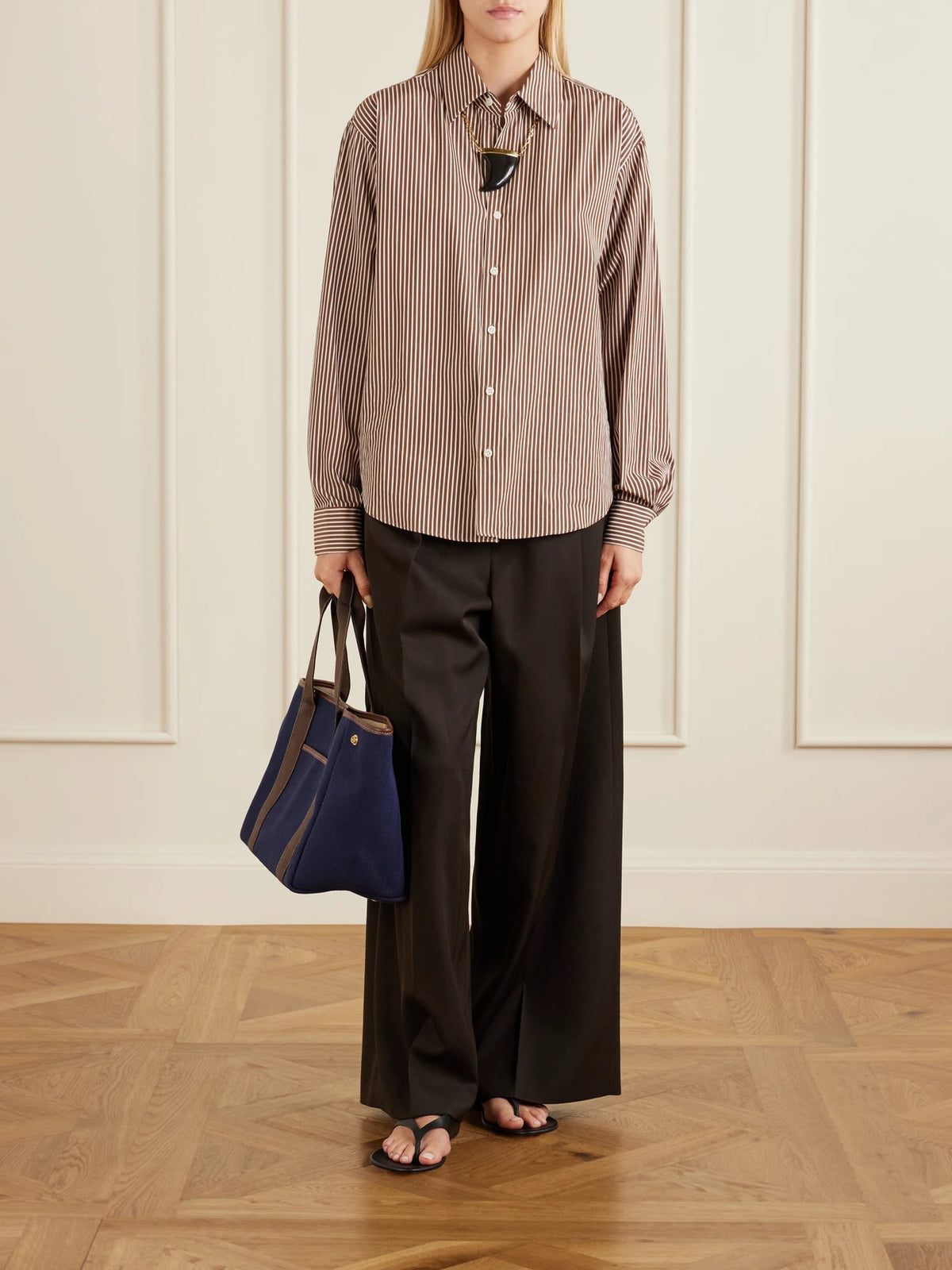 Image of Bags. Product name - Traversée Medium Leather And Webbing-trimmed Canvas Tote in Navy colour by brand - RUE de VERNEUIL