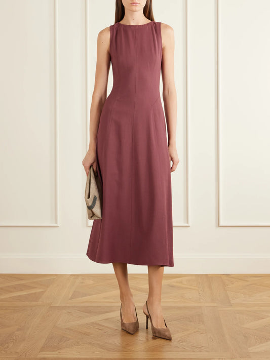 Image of Dresses. Product name - Paneled Wool-blend Midi Dress in Burgundy colour by brand - Brunello Cucinelli