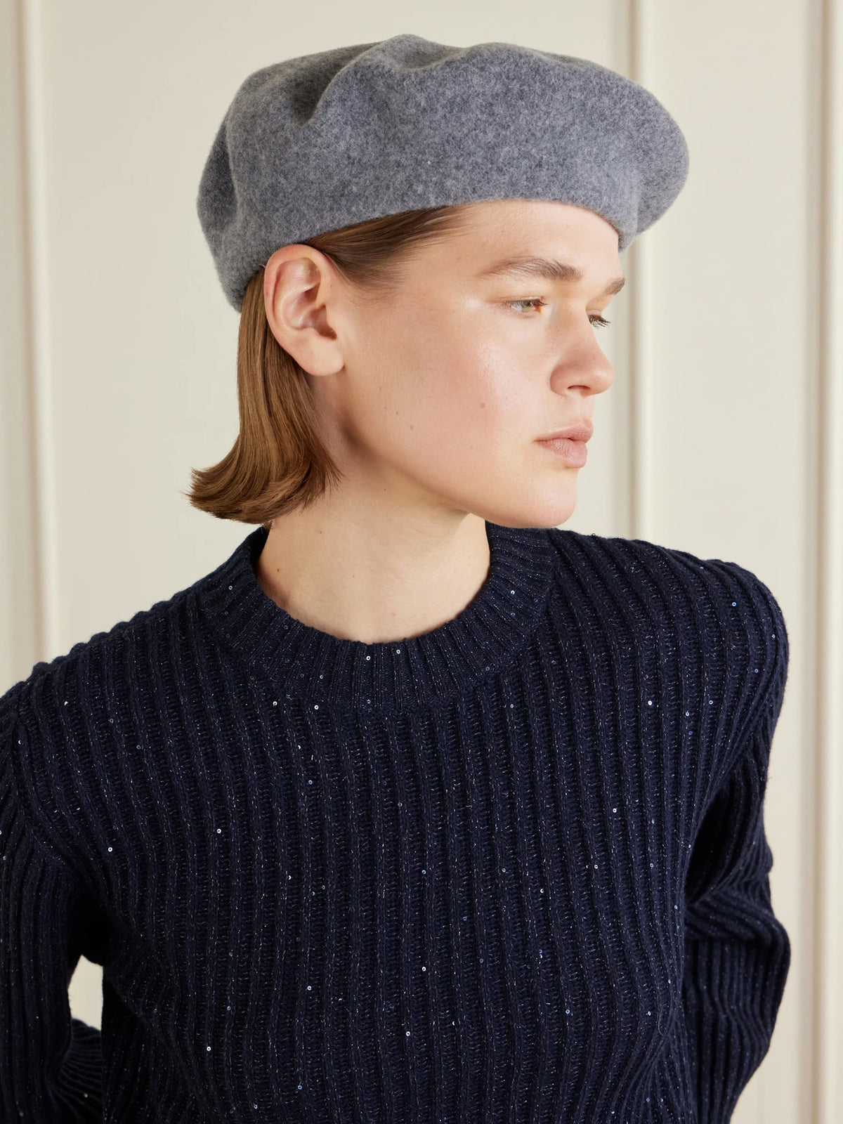 Image of Hats. Product name - Embellished Wool-felt Beret in Gray colour by brand - Brunello Cucinelli