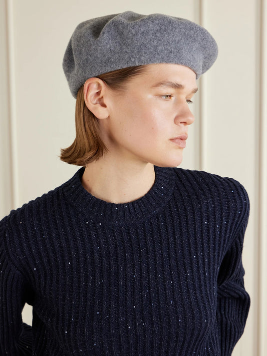 Image of Hats. Product name - Embellished Wool-felt Beret in Gray colour by brand - Brunello Cucinelli
