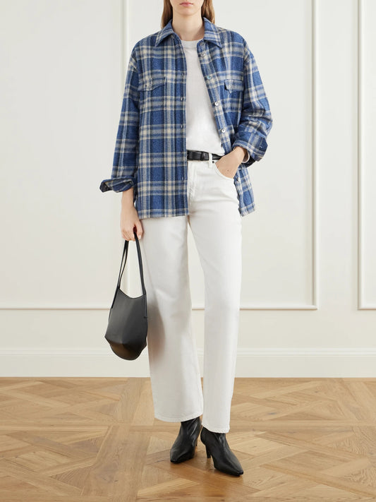 Image of a model wearing Tops. Product name - Checked Cotton-flannel Shirt in Blue colour by brand - Citizens of Humanity