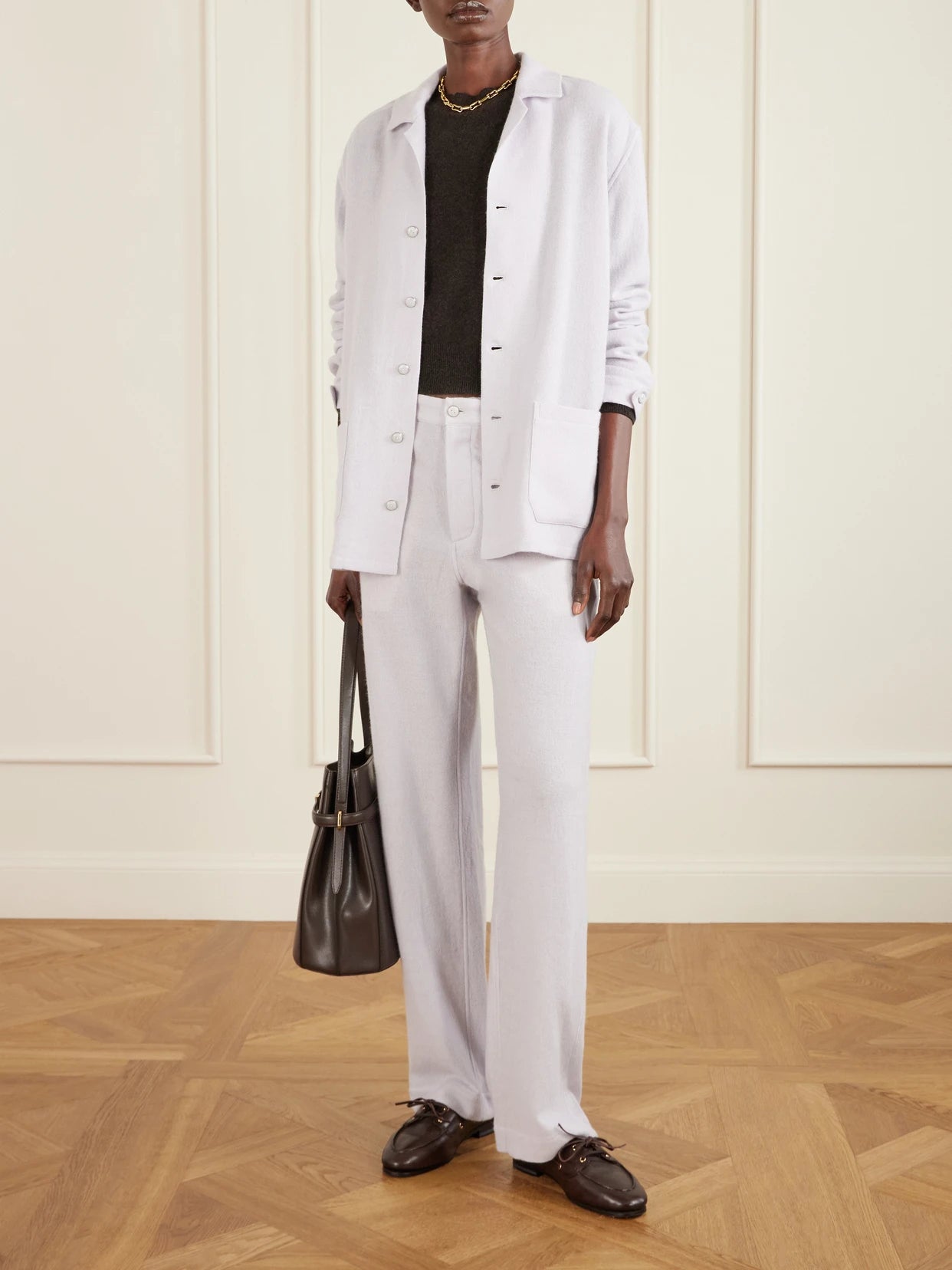 Image of a model wearing Outerwear. Product name - Cashmere Pyjama Shirt in Purple colour by brand - God's True Cashmere