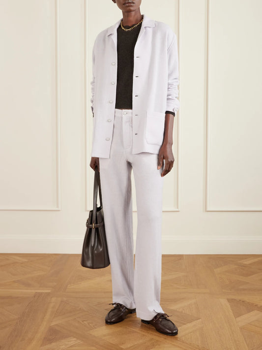 Image of a model wearing Outerwear. Product name - Cashmere Pyjama Shirt in Purple colour by brand - God's True Cashmere