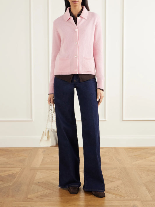 Image of a model wearing Outerwear. Product name - Cora Wool Polo Cardigan in Pastel pink colour by brand - &Daughter