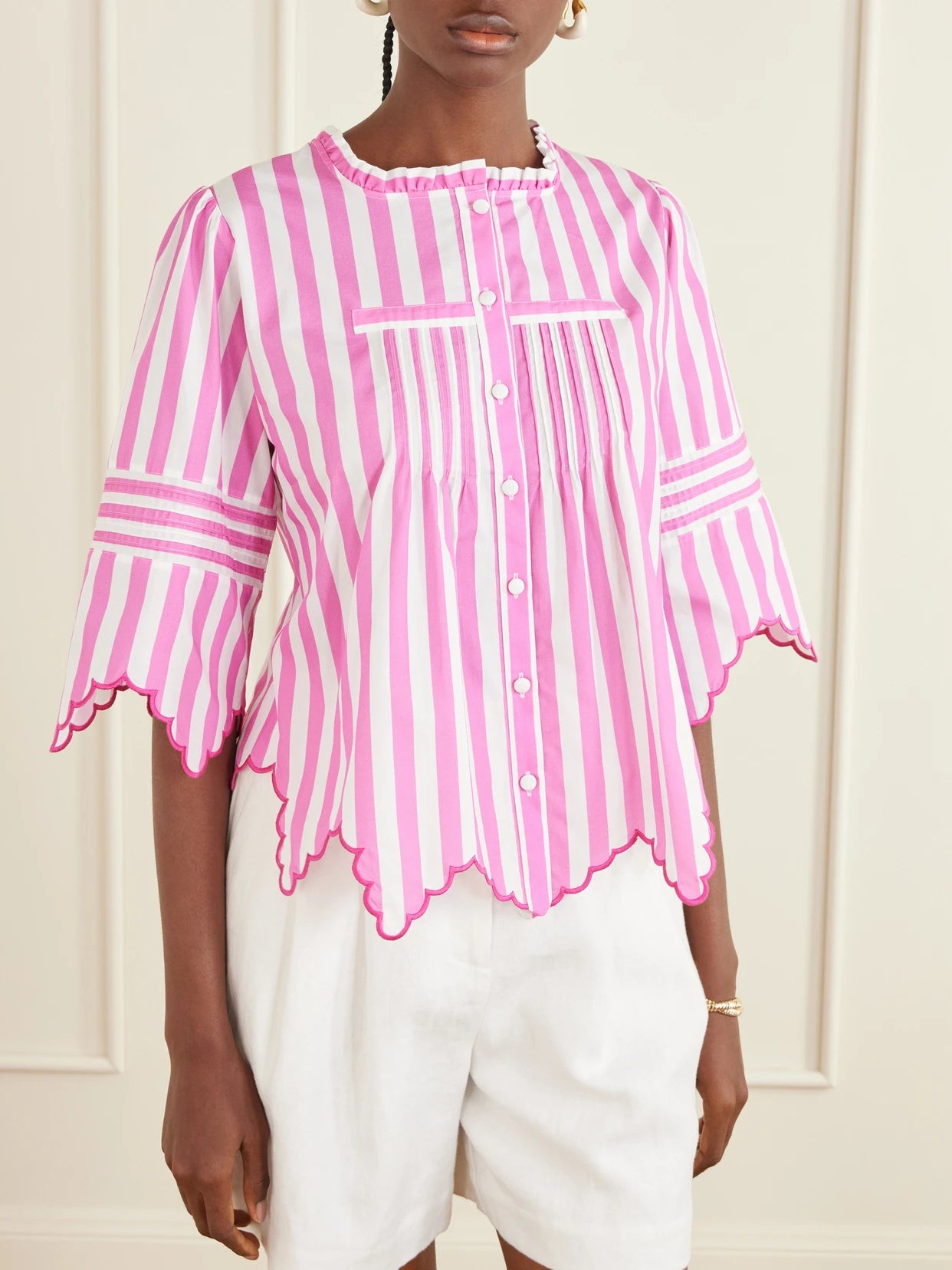 Matilde Scalloped Shirred Striped Cotton Shirt