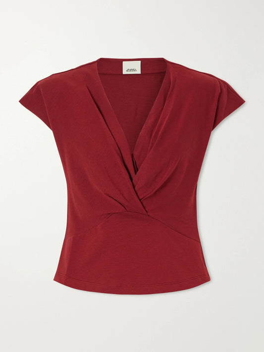 Image of a model wearing Tops. Product name - Nadrine Draped Cotton-jersey T-shirt in Burgundy colour by brand - ISABEL MARANT
