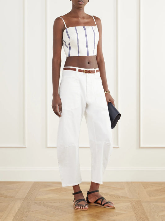 Image of a model wearing Tops. Product name - Tierra Sagrada Cropped Striped Linen-woven Top in Multi colour by brand - Andres Otalora