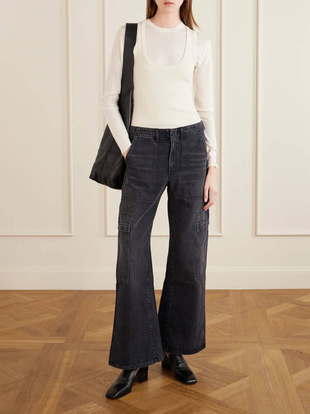 Image of Jeans. Product name - Sienna Relaxed Utility Flared Jeans in Black colour by brand - Citizens of Humanity