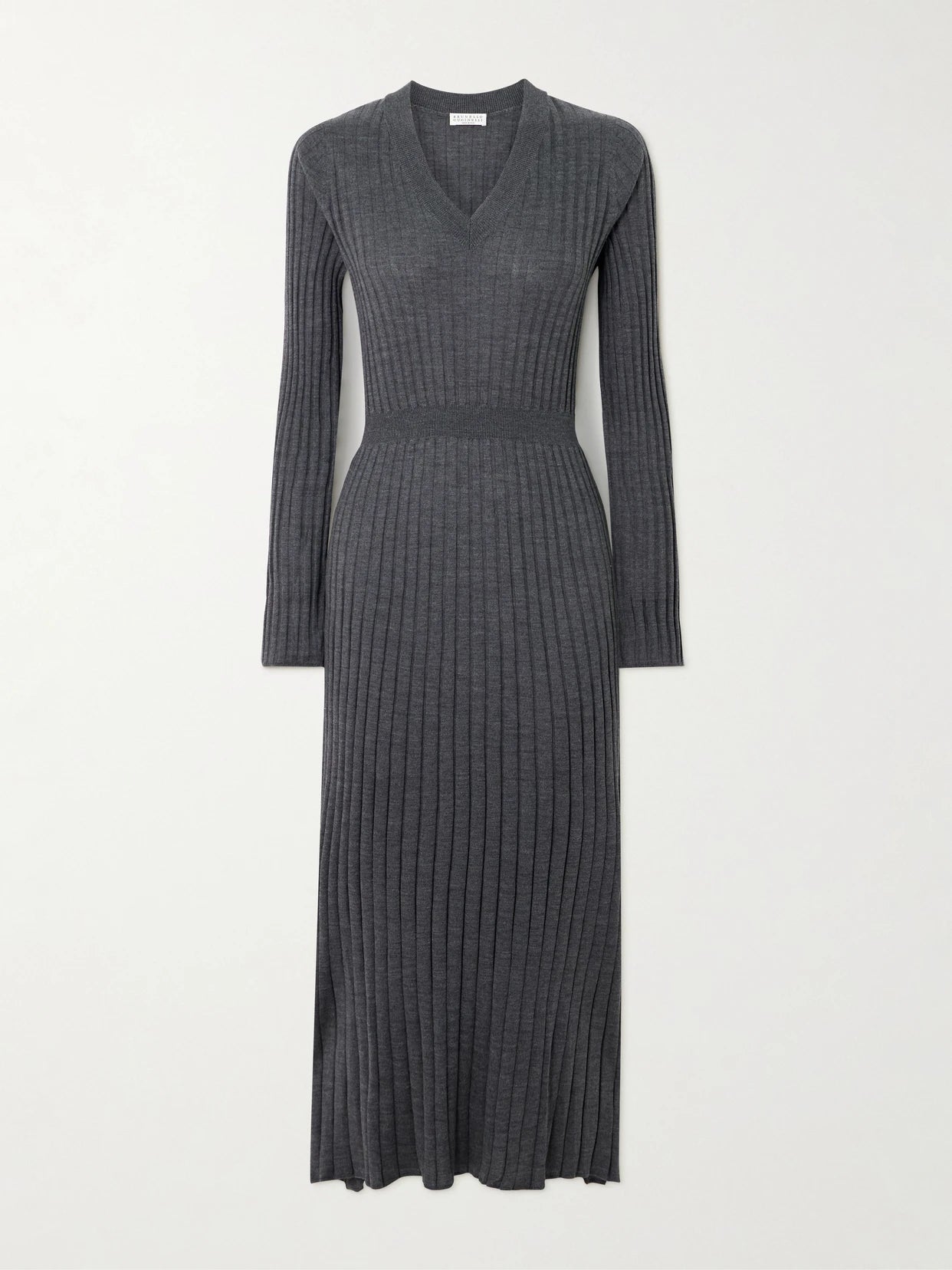 Image of Dresses. Product name - Ribbed Wool Midi Dress in Dark gray colour by brand - Brunello Cucinelli