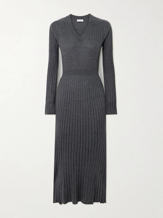 Image of Dresses. Product name - Ribbed Wool Midi Dress in Dark gray colour by brand - Brunello Cucinelli